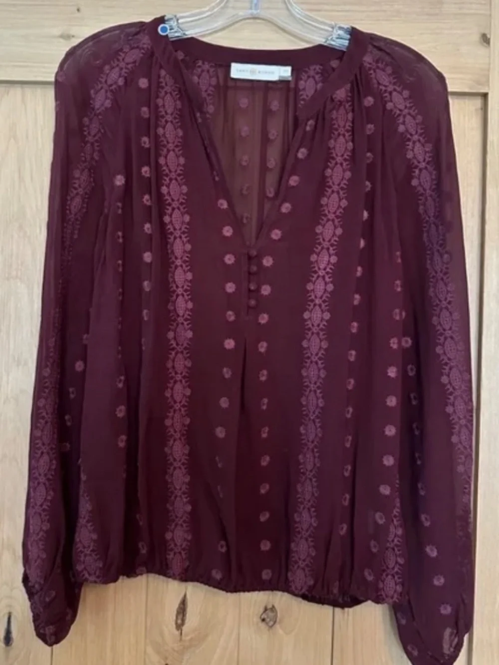 Tory Burch Silk Chiffon Embroidered Blouse Burgundy Boho Sheer Top S NWOT